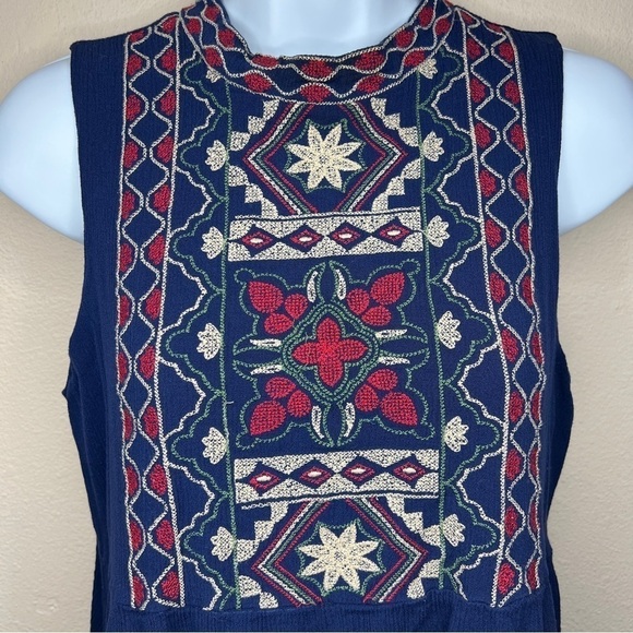 Blue Boho Embroidered Sleeveless Dress Stretch Lined Bohemian Medium High Neck - Picture 2 of 9